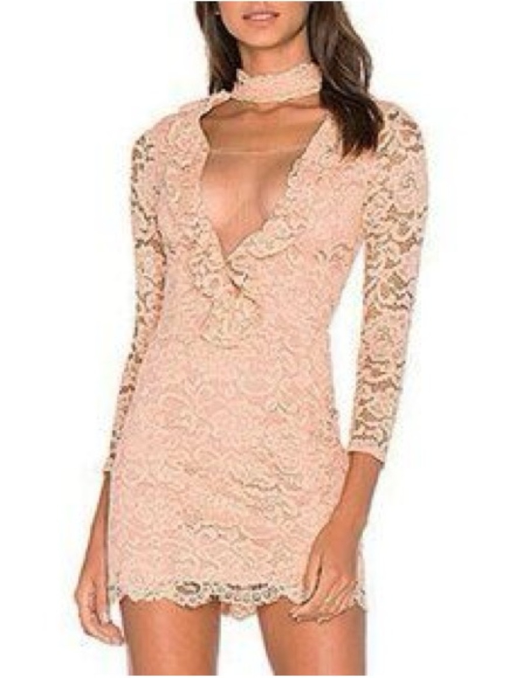 NBD Lace Deep V Plunge Mini Dress - Peach/Blush Pink